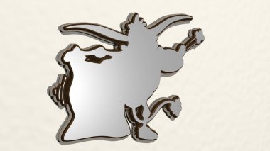 Duvardaki bir perspektiften komik inek. Üç boyutlu metalik malzemelerden yapılmış kalın bir heykel.