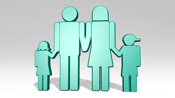 family in minimalist body from a perspective on the wall. A thick sculpture made of metallic materials of 3D rendering