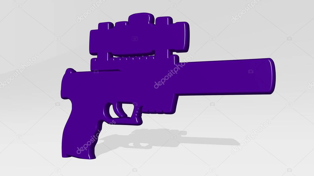 Gun with pointer made by 3D illustration of a shiny metallic sculpture on a wall with light background