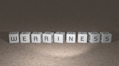 Aynanın zemininde kübik harflerle sıralanmış alfabetik yorgunluk, kavram anlamı ve sunum 3B perspektifte