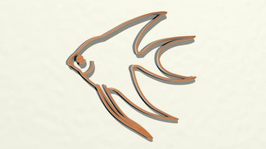 Duvardaki bir perspektiften balık tutmak. Üç boyutlu metalik malzemelerden yapılmış kalın bir heykel.