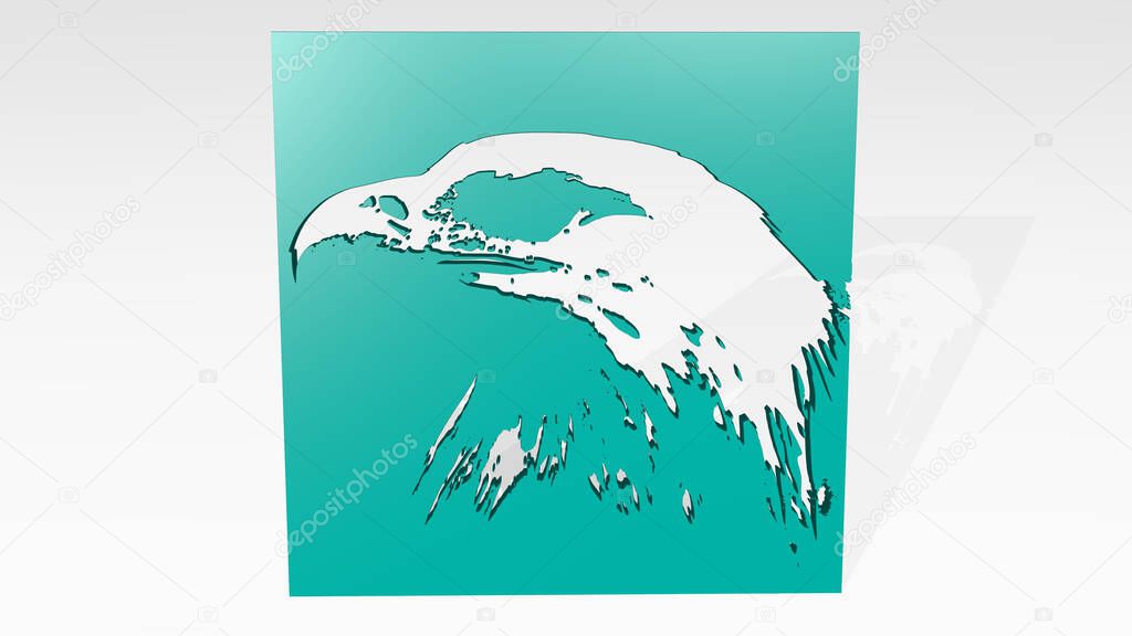 Eagle head made by 3D illustration of a shiny metallic sculpture on a wall with light background