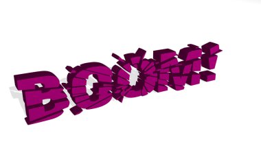 BOOM, parlak arkaplanı olan parlak metalik bir heykelin 3 boyutlu çizimiyle kırılmış.