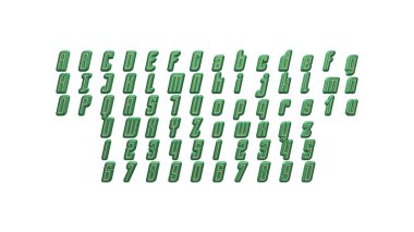 Her iki taraftaki perspektifler ve ışıklandırma ile eşleşen üç boyutlu resimlerle tam bir İngiliz alfabesi seti.