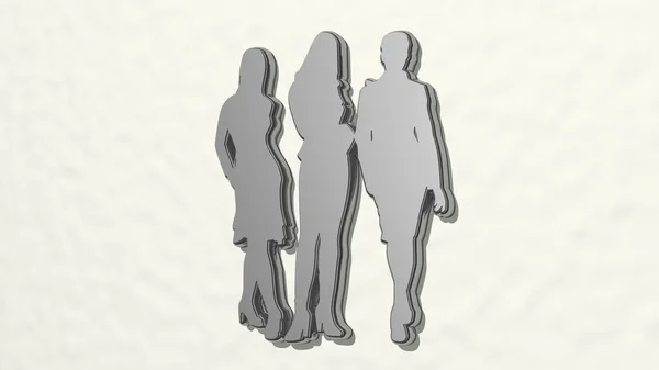 Businesswomen Standing Parede Ilustração Escultura Metálica Sobre Fundo Branco Com — Fotografia de Stock