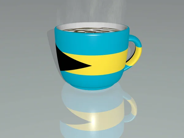 Bahamas placed on a cup of hot coffee mirrored on the floor in a 3D illustration with realistic perspective and shadows