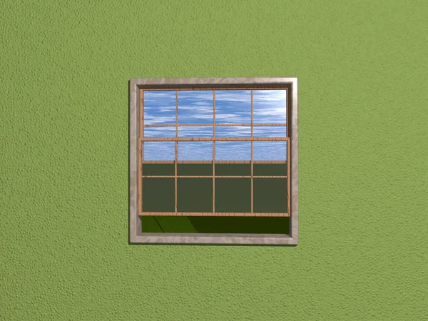 3D illustration of sash window opened to green lawn and cloudy blue sky from OLIVE DRAB wall. stone and wood materials