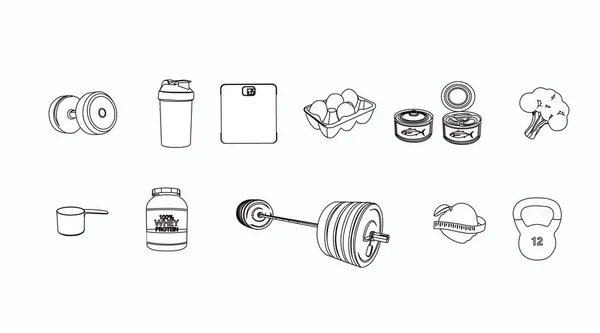 Vector Gym Black White Icon Set Con Cascabeles Agitador Atún — Archivo Imágenes Vectoriales