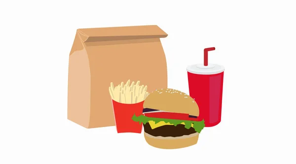 Vector Isolated Illustration Fast Food Burger Fries Drink Paper Take — Stock Vector