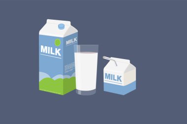 Süt kutusu ve bir bardak süt, Vektör İllüstrasyonu.