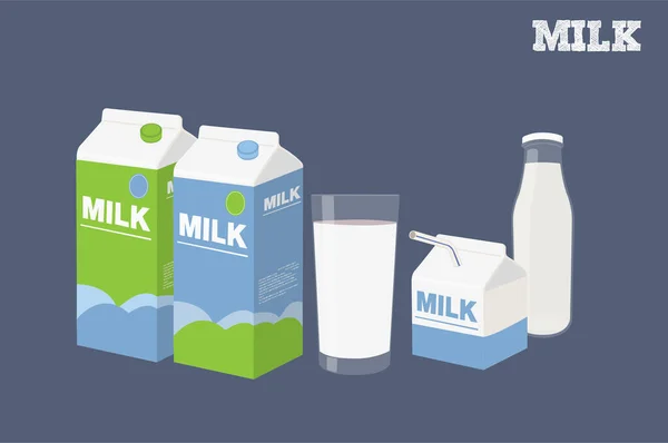 Vektorillustration Von Drei Milchbehältern Einem Glas Milch Und Einer Flasche — Stockvektor