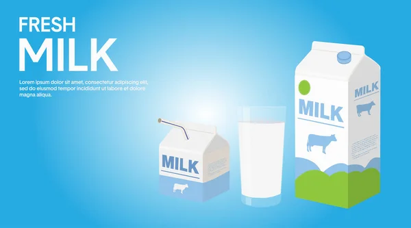 Векторная Иллюстрация Плакат Свежего Молока Молочной Коробкой Стакан Молока Маленький — стоковый вектор