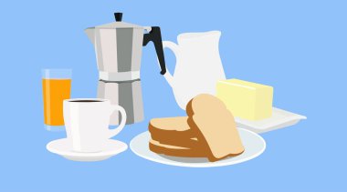 Kızarmış ekmeklerle kahvaltı, kahve kupası, İtalyan kahve makinesi, tereyağlı tabak, portakal suyu bardağı ve süt kavanozu. Vektör Resimleri İzole Edildi.