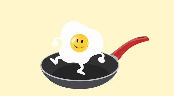 Ilustración Vectorial Huevo Frito Una Sartén Bailando Sonriendo — Vector de stock