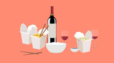 Çin yemeğinin şarap ve birayla izole edilmiş tasviri.