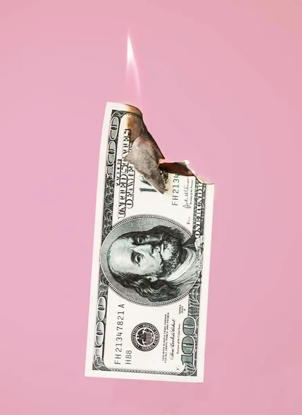 Burning hundred dollars cash on pink background