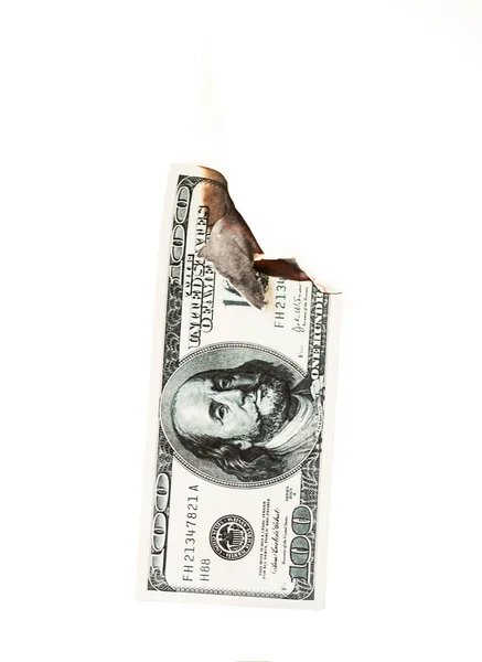 Burning hundred dollars cash on white background