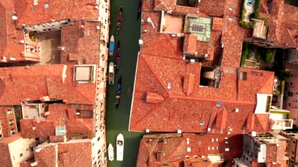 Letecký pohled na úzké kanály a oranžové střechy v Benátkách — Stock video