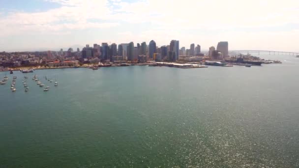 Aerial view of the san diego harbour docks and uss midway carrier — Stock Video