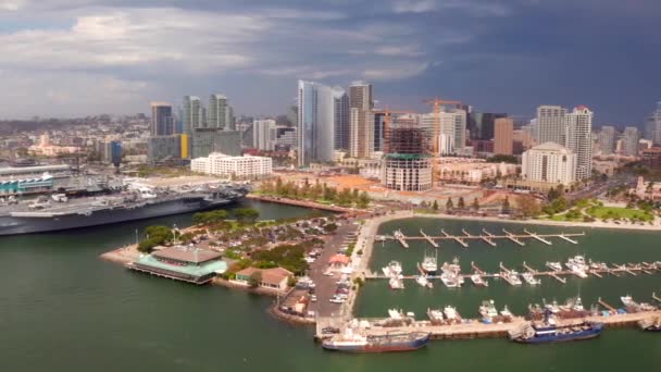 Aerial view of the san diego skyline and the uss midway museum — Stock Video