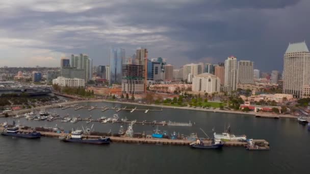 Aerial view of the san diego skyline and the uss midway museum — Stock Video