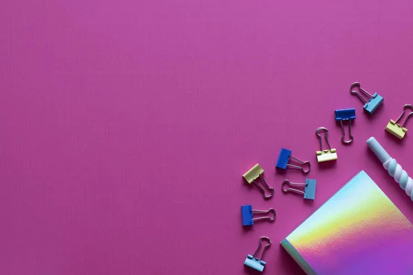 一个全息笔记本 一支彩色钢笔和彩色迷你回形针躺在粉色纹理背景上 为您的特殊设计提供明亮的文具 — 图库照片