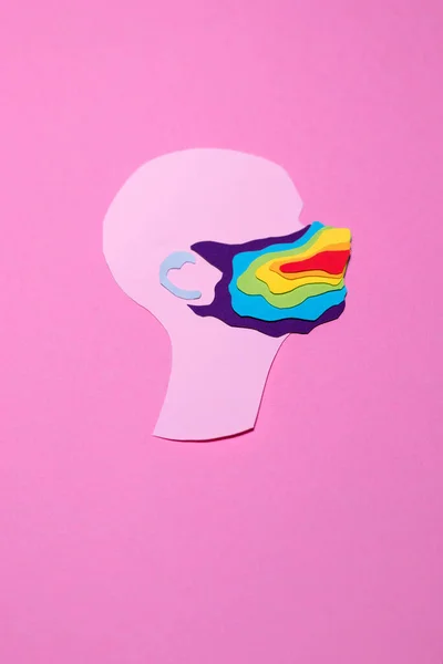 Silhouette of a man in a rainbow mask, made of paper, on a pink background — Stock Photo, Image