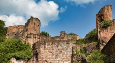 Kalenin önü 13. yüzyıldan kalma Hardenburg 'u mavi gökyüzü altında harabeye çeviriyor.