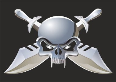 Paslanmaz çelik kafatası ve kılıçların vektör görüntüsü. Jolly Roger. Korsan amblemi. Çapraz bıçaklı iki kılıç..
