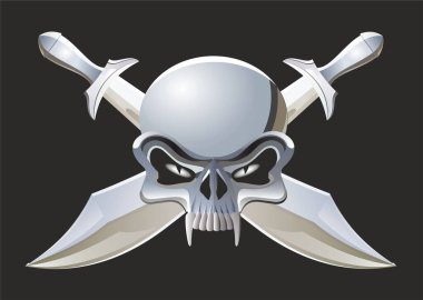 Paslanmaz çelik kafatası ve kılıçların vektör görüntüsü. Jolly Roger. Korsan amblemi. Çapraz bıçaklı iki kılıç..