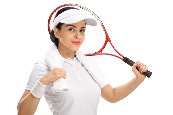 Female tennis player posing with racket and towel — Stock Photo, Image