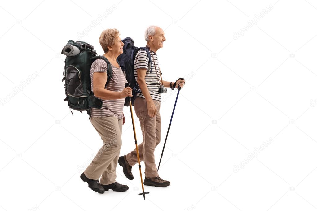 elderly hikers walking