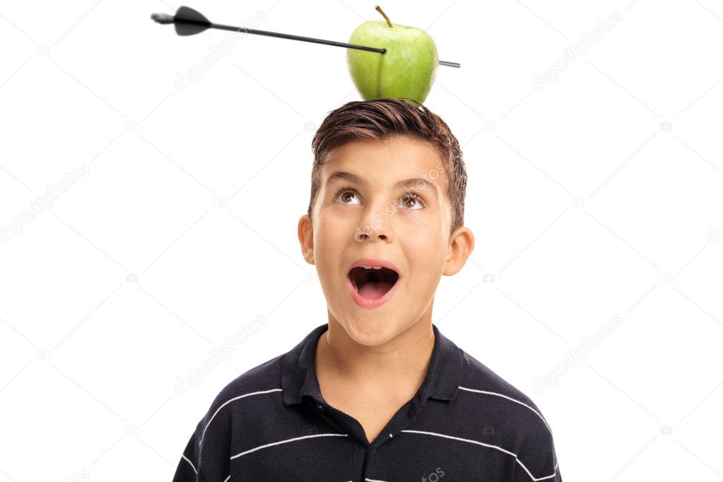 Boy looking at an apple pierced by an arrow