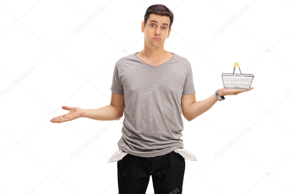 Man showing empty pockets and holding empty basket
