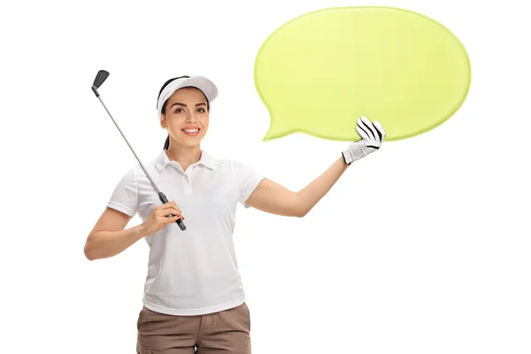 Female golfer holding golf club and speech bubble — Stockfoto