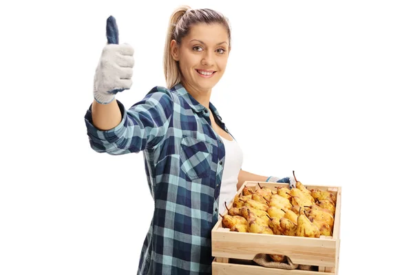 Female farmer giving a thumb up and holding a crate — Stockfoto