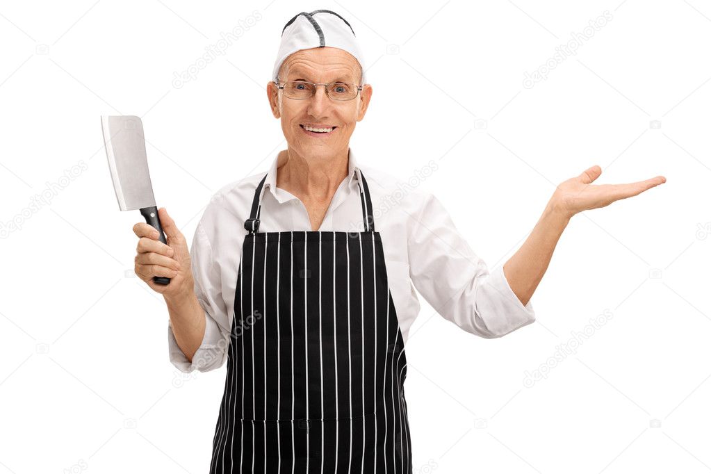 Mature butcher holding a cleaver and gesturing