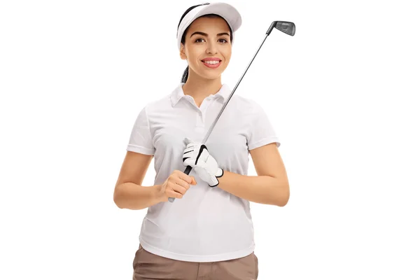 Vrouwelijke golfspeler poseren met golf club — Stockfoto