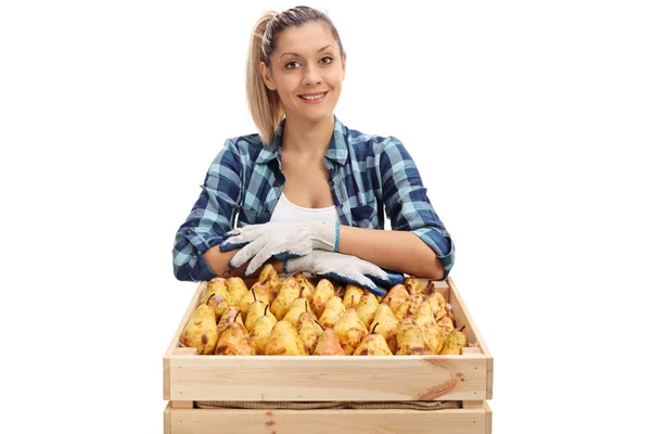 Femmina operaia agricola posa dietro cassa piena di pere — Foto Stock
