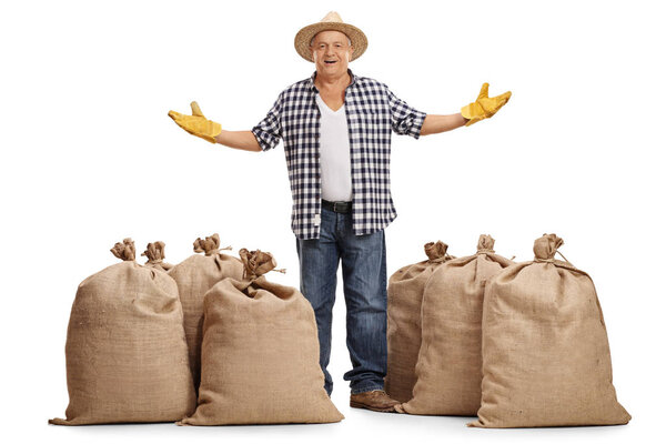 Mature farmer standing between burlap sacks and gesturing