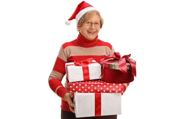 Sênior alegre com presentes de Natal — Fotografia de Stock