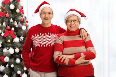 bir Noel ağacı önünde üst düzey Çift