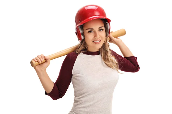 Lycklig kvinna med ett basebollträ och hjälm — Stockfoto