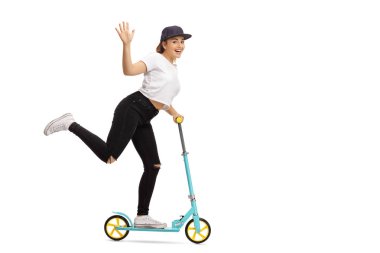 Young woman riding a scooter and waving clipart