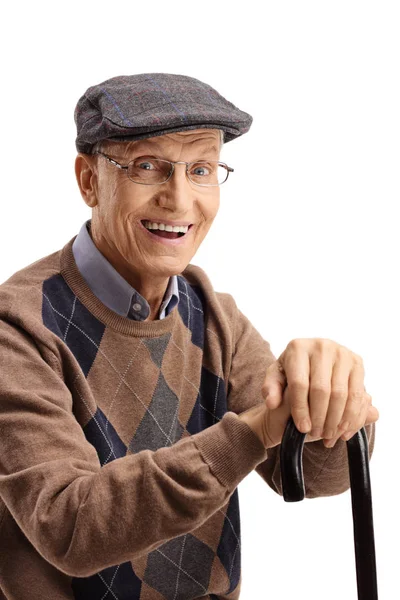 Retrato de un anciano feliz con un bastón — Foto de Stock