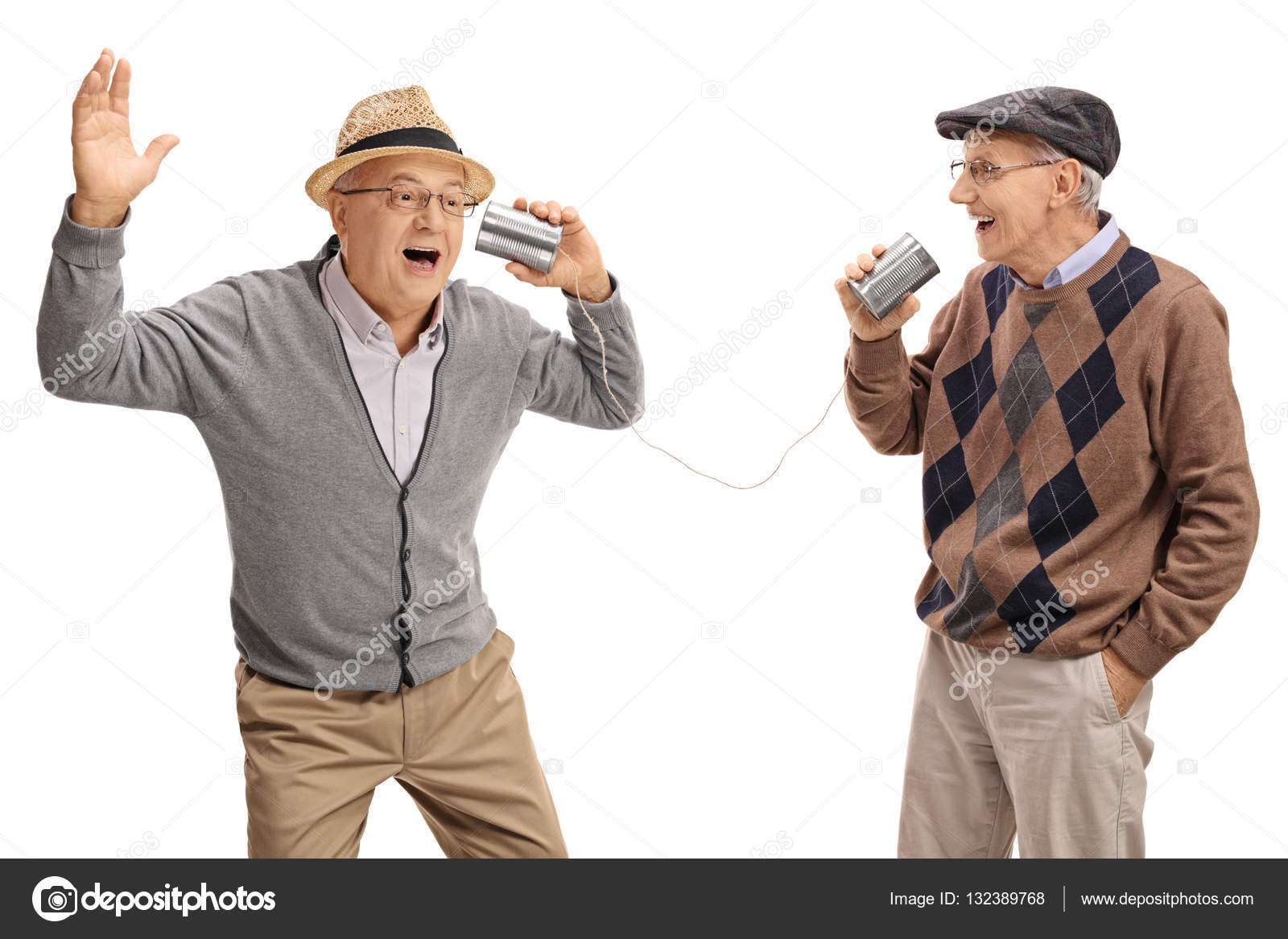 Pictures football jokes Seniors telling jokes to each other through tin can phone — Stock