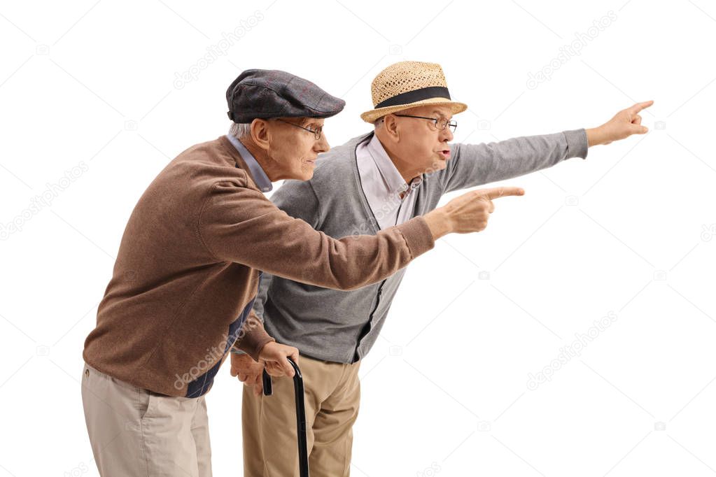 Two elderly men arguing with someone