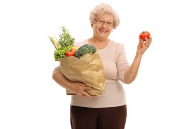 alışveriş çantası sebze ve domates dolu tutan kadın