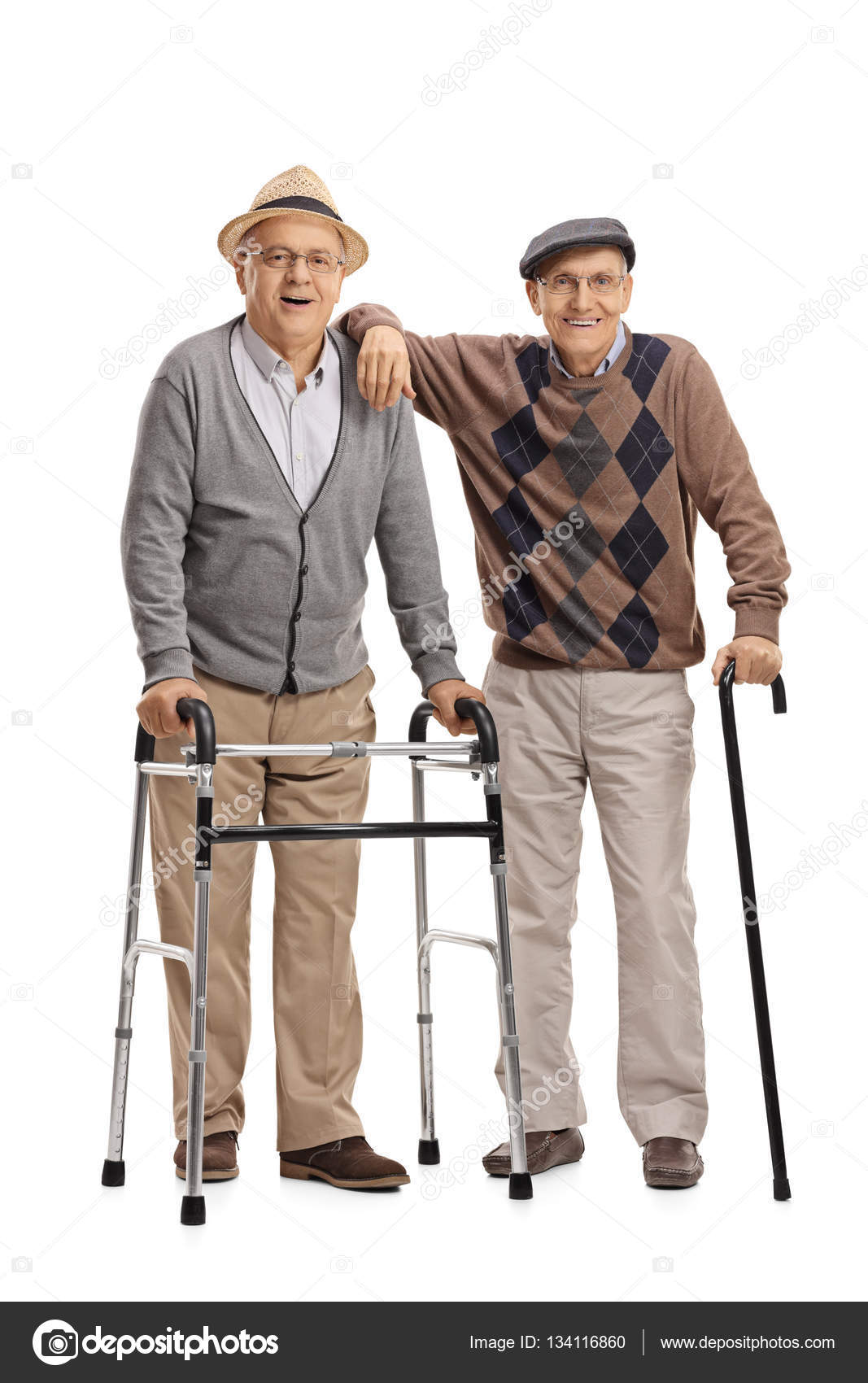 Two elderly men with a walker and a cane Stock Photo by ©ljsphotography