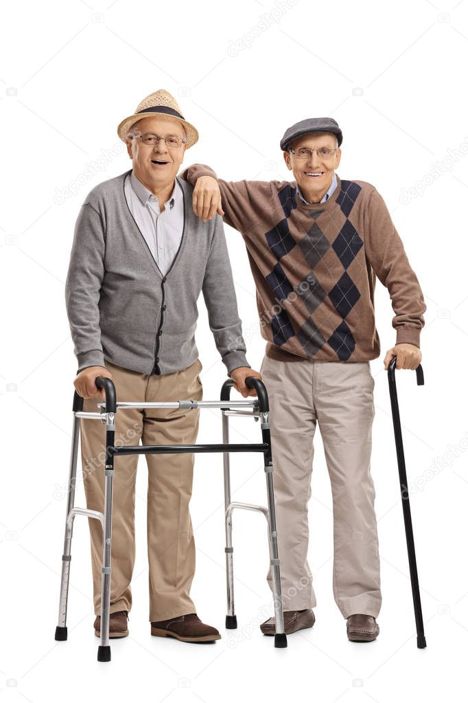 Two elderly men with a walker and a cane